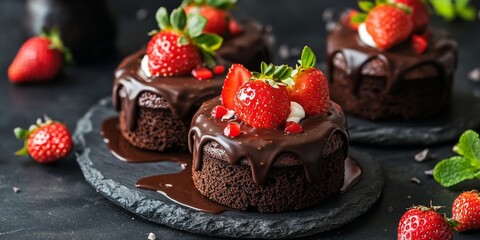 Aufkleber - Indulge in delicious chocolate cakes adorned with fresh strawberries. This sweet dessert embodies a delightful good morning concept, showcasing homemade baking with cream and topping on a dark stone