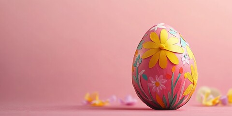 Poster - Colorful Easter egg crafted from paper set against a soft pink background, capturing the essence of Easter. This Easter egg design emphasizes creativity and the joy of the Easter season.