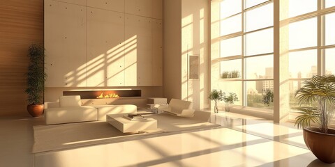 Aufkleber - A living room designed in a minimalist style showcases a sizable window and employs a palette of neutral colors throughout the space, highlighting simplicity and elegance.