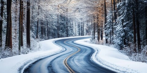 Poster - Winding road through a serene winter forest, showcasing the beauty of nature in a snowy landscape with tall trees lining the snow covered road in a tranquil scene of the winter forest.