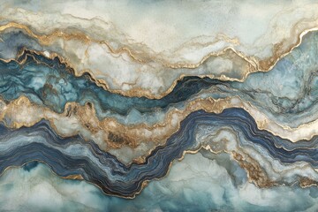 Poster - Abstract fluid art featuring oceanic waves in shades of turquoise, gold, and deep blue with smooth marble-like textures and intricate details for creative projects