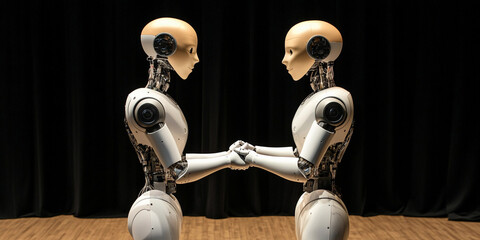 Poster - Robots engaged in a handshake against a dark backdrop