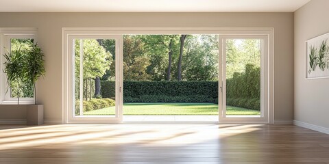 Aufkleber - Spacious empty living room featuring large sliding doors that lead to a backyard, creating an inviting atmosphere in the living room while enhancing the potential for natural light.
