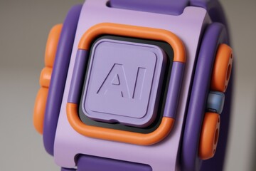 Poster - A futuristic AI device, vibrant purple and orange hues, featuring a prominent AI button.