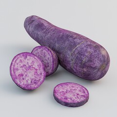 Wall Mural - Fresh Purple Sweet Potato with Sliced Sections on Light Background for Culinary and Nutrition Use