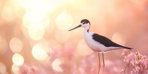 Poster - Portrait of a black necked stilt showcasing its distinctive features against a softly blurred backdrop, capturing the elegance of the black necked stilt in a serene setting.