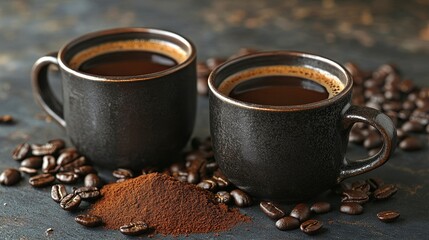 Poster - Hot black coffee in mugs accompanied by whole coffee beans and ground coffee creates a captivating still life. This arrangement of hot black coffee, coffee beans, and ground coffee is visually