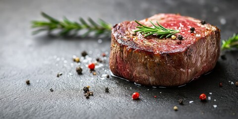Poster - Succulent beef steak displayed on a stone table, showcasing the rich textures and colors of the beef steak in a close up perspective, perfect for culinary imagery.