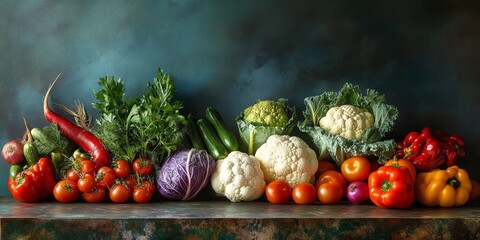 Poster - Fresh vegetables arranged on a table, showcasing vibrant colors and textures in a studio setting. This composition highlights the beauty of vegetables and their variety for culinary inspiration.