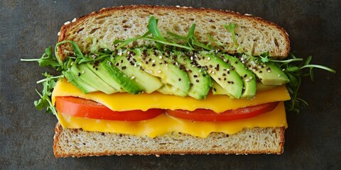 Poster - Vegan sandwich featuring cheese and avocado offers a delightful vegetarian breakfast experience. Enjoy this vibrant vegan sandwich from a top view, showcasing the fresh ingredients in a flat lay.