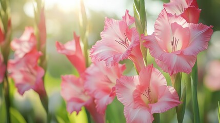 Aufkleber - Vibrant and beautiful pink gladiolus flourish in a garden, showcasing their striking colors with spring blooming flowers perfect for enhancing any floral scene and garden imagery.