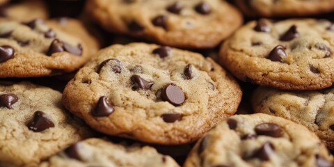 Poster - Extreme close up of delectable chocolate chip cookies showcasing their rich texture and delicious chocolate chips. This chocolate chip cookies image captures the essence of sweetness and indulgence.