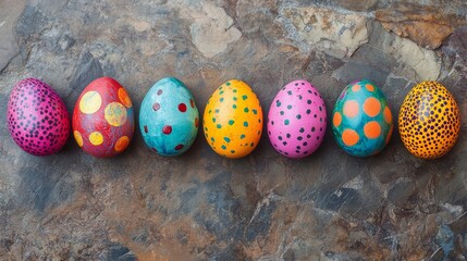 Poster - Bright and colorful painted eggs for Easter are beautifully arranged in a row on a rustic granite background, providing a perfect border for text. Enjoy this vibrant Easter egg display.