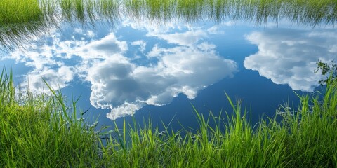 Poster - Tranquil water reflection showcasing vibrant clouds mirrored in the serene surface, surrounded by lush green grass, creating a peaceful scene of nature s beauty and harmony.