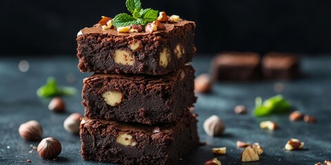 Poster - A tower of chocolate vegetarian brownies topped with mint and hazelnuts, set against a dark background with additional nuts. This scene embodies the essence of delectable homemade baked goods.