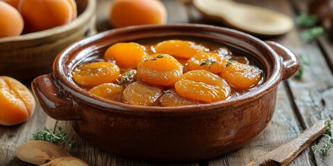Aufkleber - Delicious homemade compote made from rich dark sun dried apricots, beautifully displayed in a pot, showcasing the delightful flavors of this unique apricot compote.