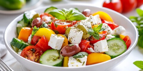 Poster - Greek salad featuring tomatoes, cucumbers, bell peppers, olives, and feta cheese in a white bowl. This Greek salad is beautifully arranged and captures the essence of fresh ingredients.