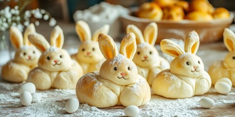 Aufkleber - Delightful Easter bunny buns made from sweet dough, beautifully arranged on a table sprinkled with flour, perfect for celebrating Easter with these adorable Easter bunny buns.