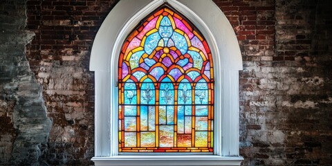 Poster - A stained glass window features vibrant colors and intricate designs, framed by white trim on the windowsills, set against a rustic brick wall that enhances the beauty of the stained glass window.