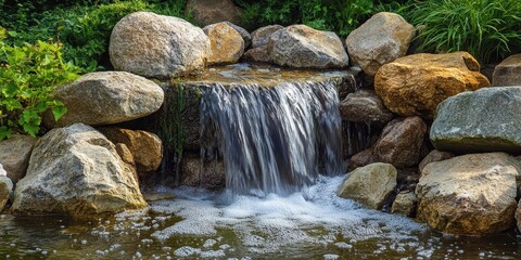 Poster - A petite waterfall pours down into a pond that is bordered by various rocks, creating a picturesque scene of nature. The waterfall flows into the tranquil pond, embraced by the stones.