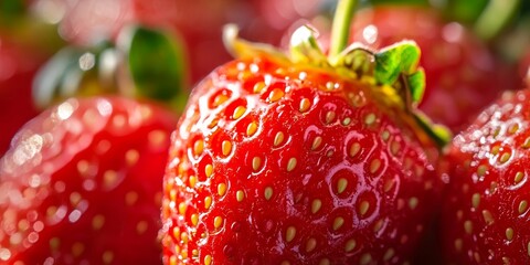 Aufkleber - Macro shot capturing a vibrant group of strawberries, highlighting the freshness and detail of these strawberries for a stunning visual experience. Enjoy the beauty of strawberries in this close up.