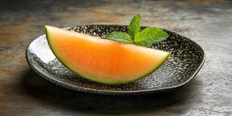 Poster - Fresh melon slice garnished with a mint leaf presented on a plate, showcasing the vibrant colors and textures of the melon slice, enhanced by the refreshing touch of the mint leaf on the plate.