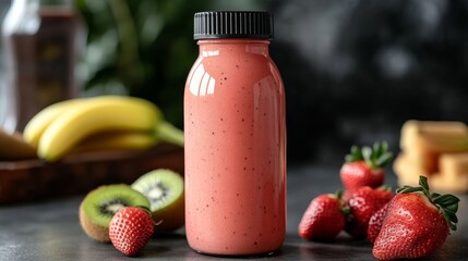 Poster - Smoothie bottle featuring a delightful blend of fresh strawberries, kiwi, and sweet banana. This smoothie bottle showcases the vibrant flavors of strawberries, kiwi, and banana.