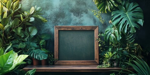 Poster - A table showcases a wooden framed display surrounded by vibrant green plants, highlighting the natural beauty of both the frame and the greenery.