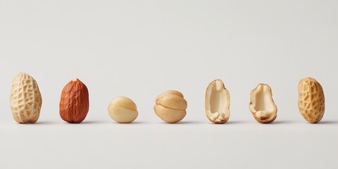 Poster - Evolution of peanuts showcased from their shelled nut form to the peeled variety. This visual representation of peanuts highlights the evolution of peanuts in a unique way against a white backdrop.