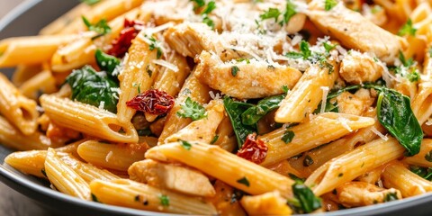Aufkleber - Delicious penne pasta featuring spinach, sun dried tomatoes, and chicken, all topped with a sprinkle of parmesan cheese and fresh parsley for an appetizing dish with penne pasta.