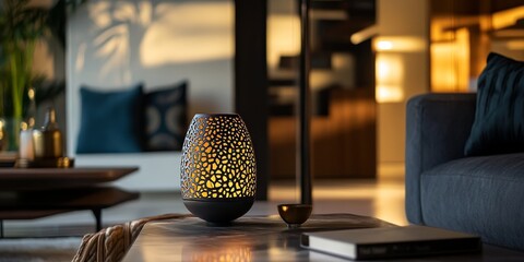 Aufkleber - A beautiful metal openwork lamp that flickers gently, enhancing the ambiance, showcasing unique design in interior items, perfect for adding charm and elegance to any space with its warm glow.