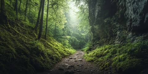 Aufkleber - A lush forest along a hiking trail in a dramatic gorge, showcasing the beauty of nature within a serene environment ideal for hiking enthusiasts and nature lovers. Enjoy the forest experience.