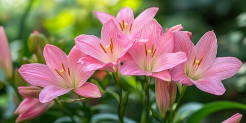 Aufkleber - Delicate pink zephyranthes lily flowers bloom beautifully, showcasing their stunning petals. The vibrant pink zephyranthes lily flower adds elegance and charm to any garden or floral arrangement.