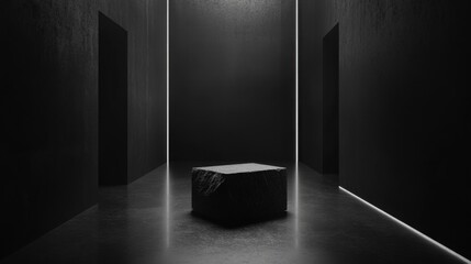 Poster - Abstract Minimalist Space with Dark Walls and Central Stone Block