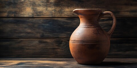 Poster - Brown clay jug displayed on a dark wooden background, featuring selective focus and shallow depth of field to enhance the beauty of the brown clay jug. Perfect for artistic showcases.