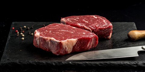 Aufkleber - Raw uncooked beefsteaks displayed on a butcher s knife highlight the freshness and quality of raw uncooked beefsteaks, ideal for culinary presentations and appetizing visuals.