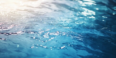 Poster - Defocused and blurred blue colored water surface texture showcases clear and calm reflections. This trendy abstract nature background captures water waves in sunlight, featuring a beautiful blue