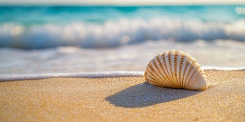 Poster - Sea shell resting on sandy beach by the seashore, beautifully highlighted against the morning sea, featuring a captivating shallow depth of field that emphasizes the sea shell.