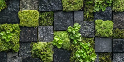 Poster - Vibrant group of moss thrives on the tiles, showcasing the beauty of nature. This group of moss adds a rich texture to the tiles, highlighting the unique interaction between moss and surfaces.