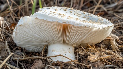 Poster - Close up view of a large white mushroom, separate from its base, resting atop dry plants scattered across the ground, showcasing the distinct features of the white mushroom in detail.