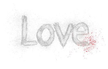Aufkleber - Love written in white powdery texture with faint brush strokes, isolated on transparency background, accented with splash of red on right side, creating bold and emotional design