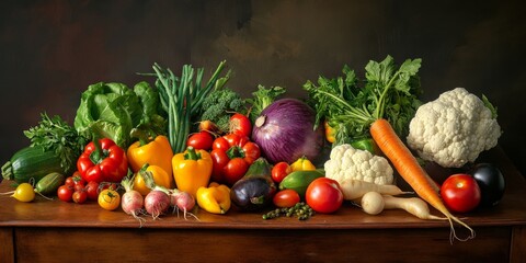 Poster - Fresh vegetables arranged on a table, showcasing vibrant colors and textures in a studio setting. This composition highlights the beauty of vegetables and their variety for culinary inspiration.