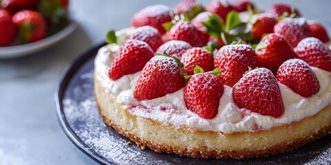 Poster - Delicious shortcrust pastry paired with fresh strawberries creates the perfect strawberry cake, ideal for a delightful summer breakfast featuring strawberries in every bite.