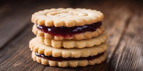 Poster - Shortbread cookie filled with jam displayed on a wooden background, showcasing the delightful texture and flavor of the shortbread cookie, perfect for dessert lovers and snack enthusiasts.