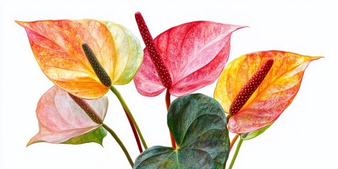 Leinwandbilder - Mottled Anthurium featuring vibrant fruits against a white backdrop, perfect for creating an eye catching postcard design. Colorful fruits enhance the overall aesthetic.