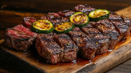 Aufkleber - Close up of traditional barbecue dry aged wagyu rib eye beef steaks garnished with paprika and zucchini, beautifully arranged on an old rustic wooden board for a taste of culinary excellence.