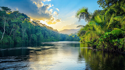 Wall Mural - Serene Amazon jungle landscape with a river at sunset and lush greenery