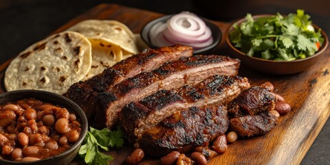 Poster - Grilled pork served with beans, onions, and tortillas beautifully presented on a wooden board, highlighting the delicious flavors of grilled pork in a rustic setting.