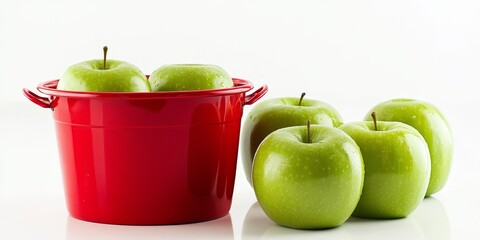 Poster - Vibrant green apples placed beside a red bucket, creating a striking visual contrast against a clean white background, showcasing the beauty of green apples and their appeal.