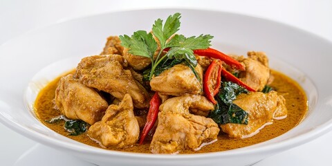 Aufkleber - Stir fried chicken prepared with aromatic curry paste beautifully displayed against a white background, highlighting the vibrant colors and textures of stir fried chicken and curry paste.